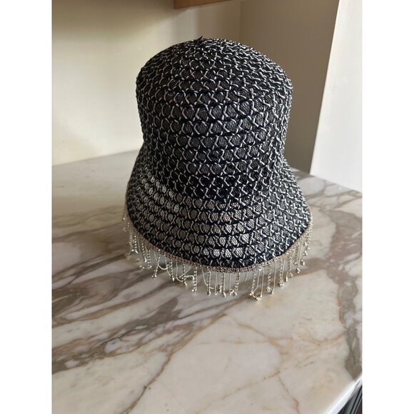 Black & Silver Textured Bucket Hat With Sparkle Beaded Fringe Trim One Size - Picture 2 of 3